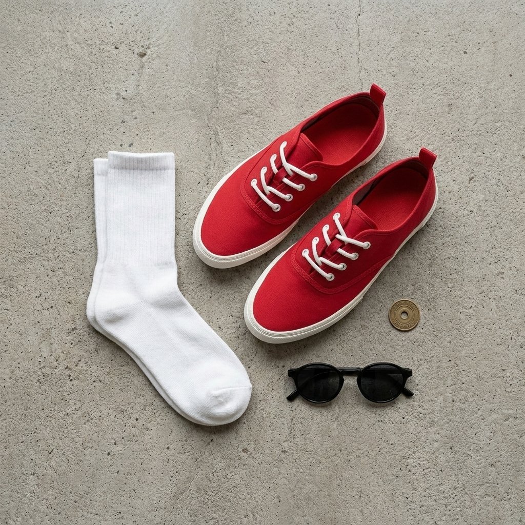 Flat lay of red low cut canvas sneakers with white socks and sunglasses on concrete