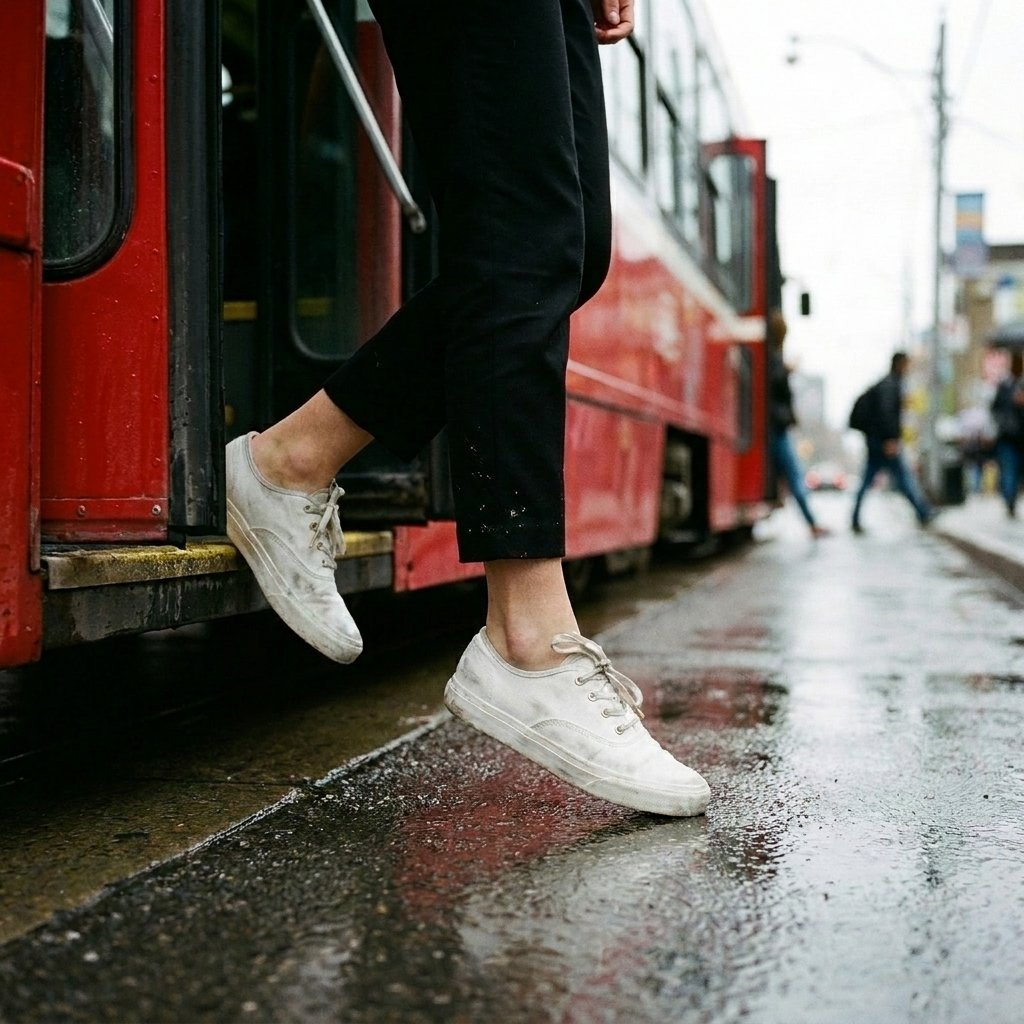 Model stepping off a red Toronto streetcar in worn-in white low cut sneakers
