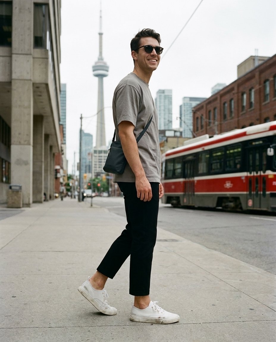 Smiling man in sunglasses walking a Toronto street in worn-in white low cut sneakers, CN Tower and a streetcar behind