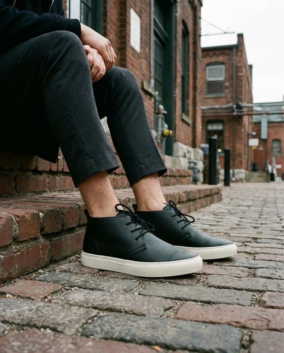 Model seated on brick steps in Toronto's Distillery District wearing black mid cut sneakers