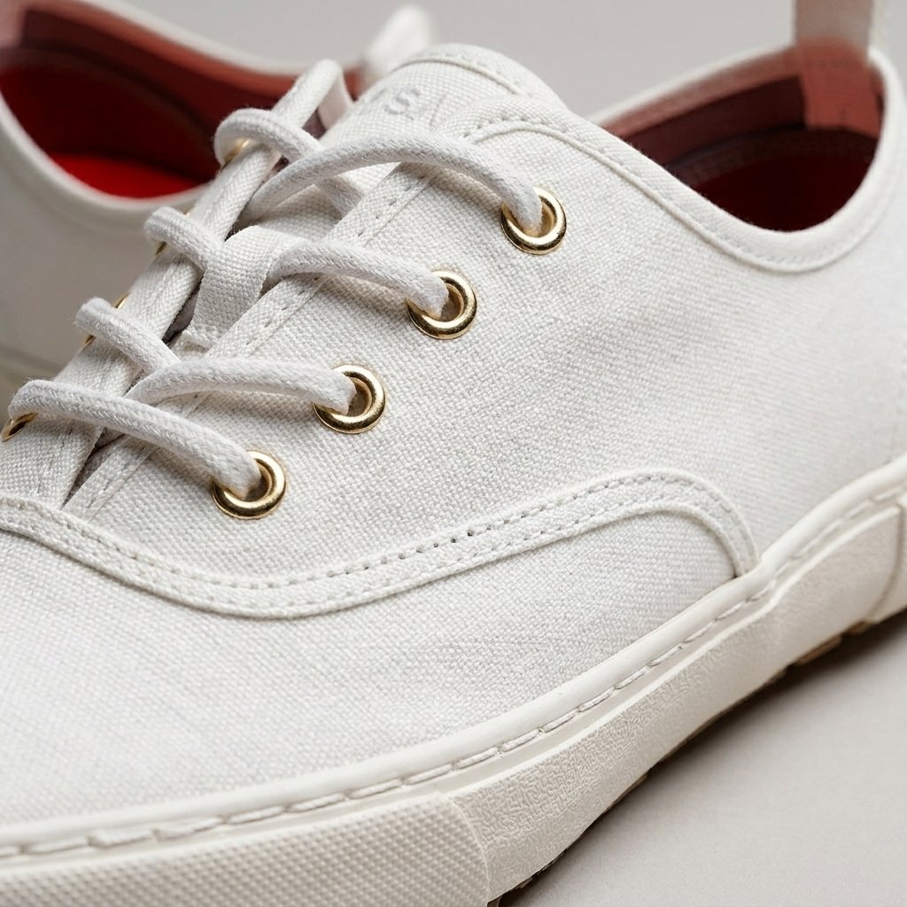 Macro detail of white cotton canvas low cut upper, brass eyelets and white sole