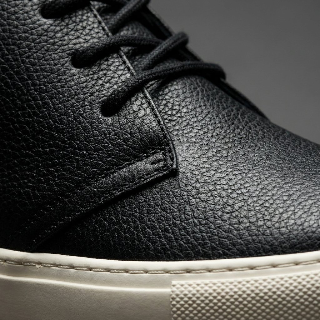 Macro detail of black pebbled poly leather mid cut upper and natural rubber sole