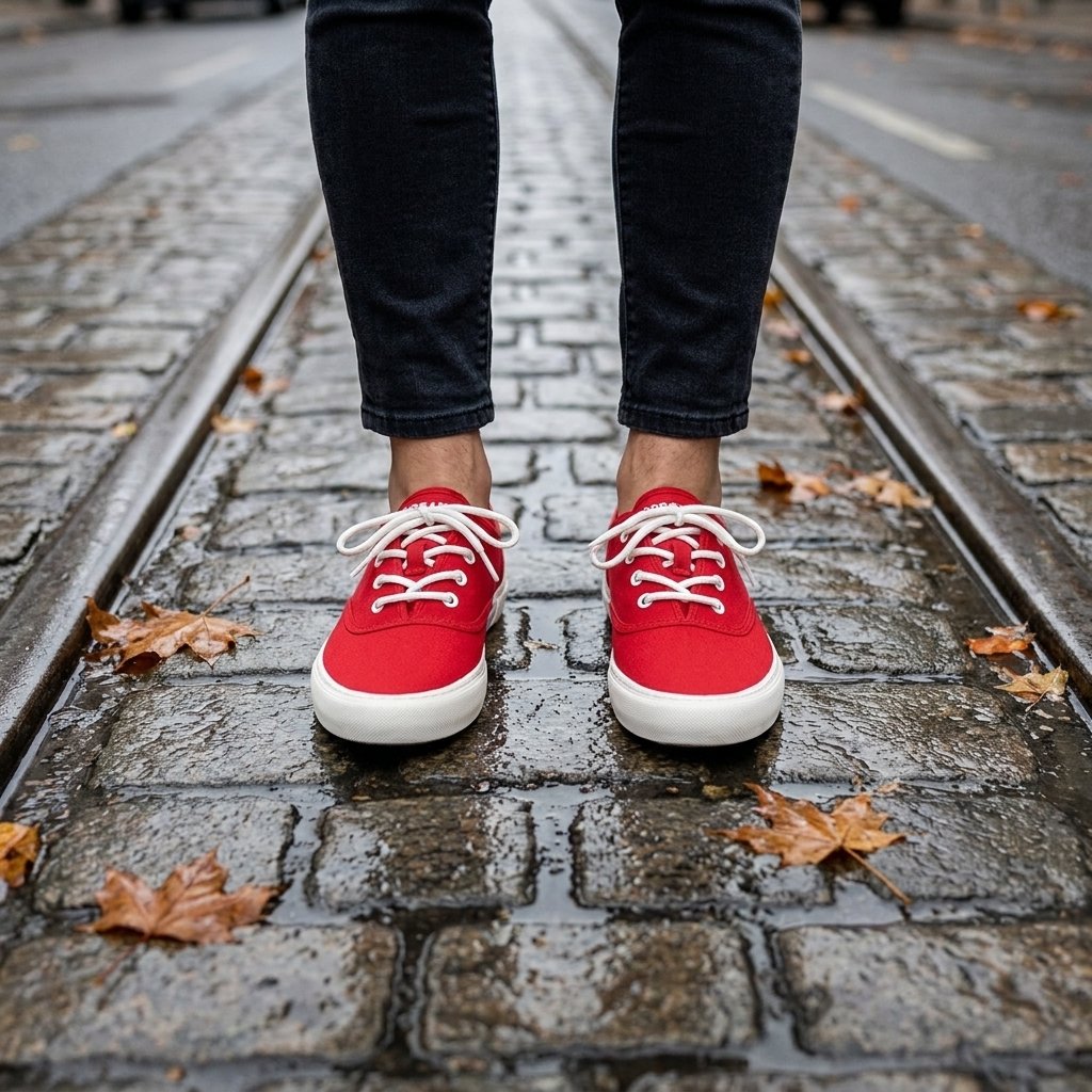 Point-of-view looking down at red low cut sneakers on Toronto streetcar tracks
