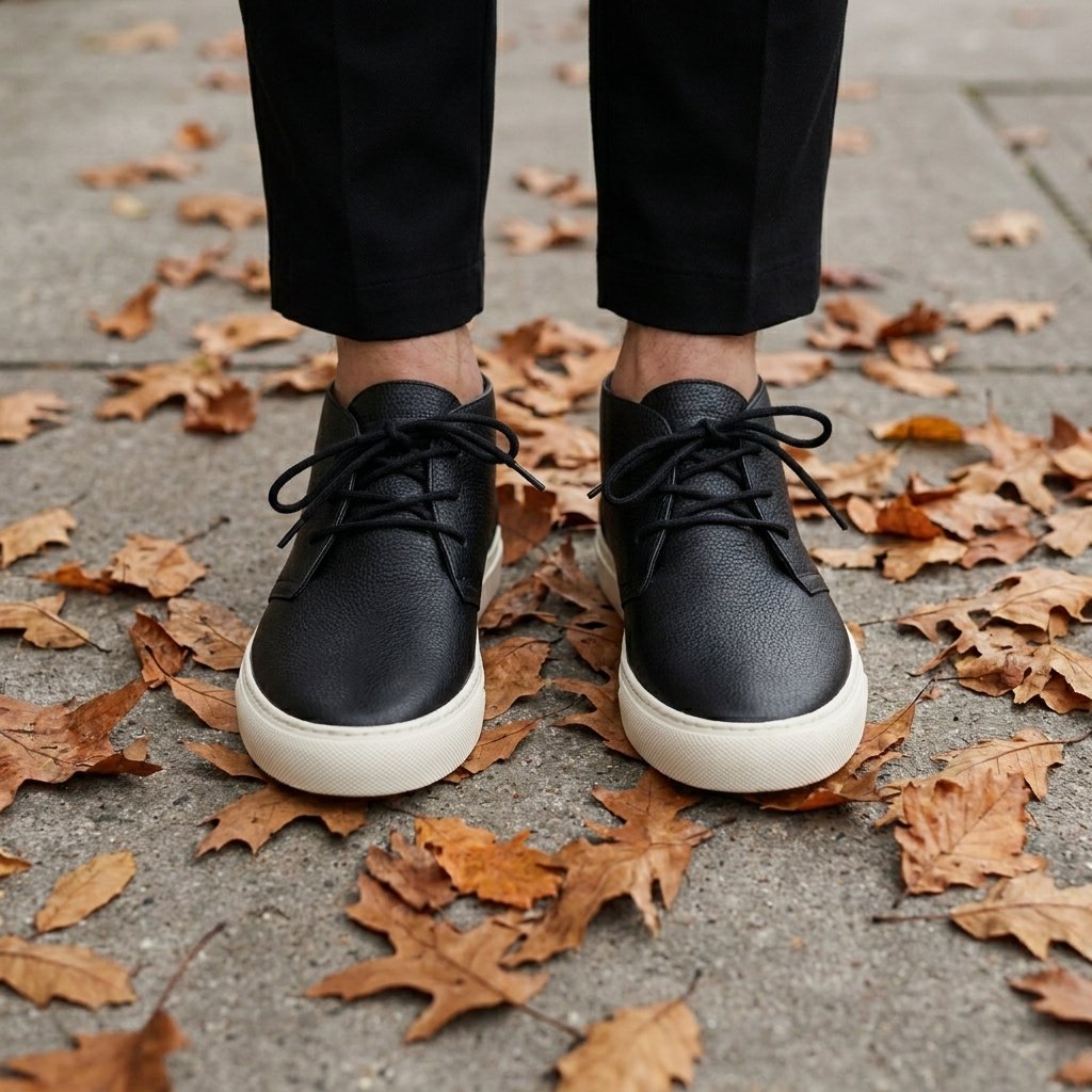 Point-of-view looking down at black mid cut sneakers among autumn leaves