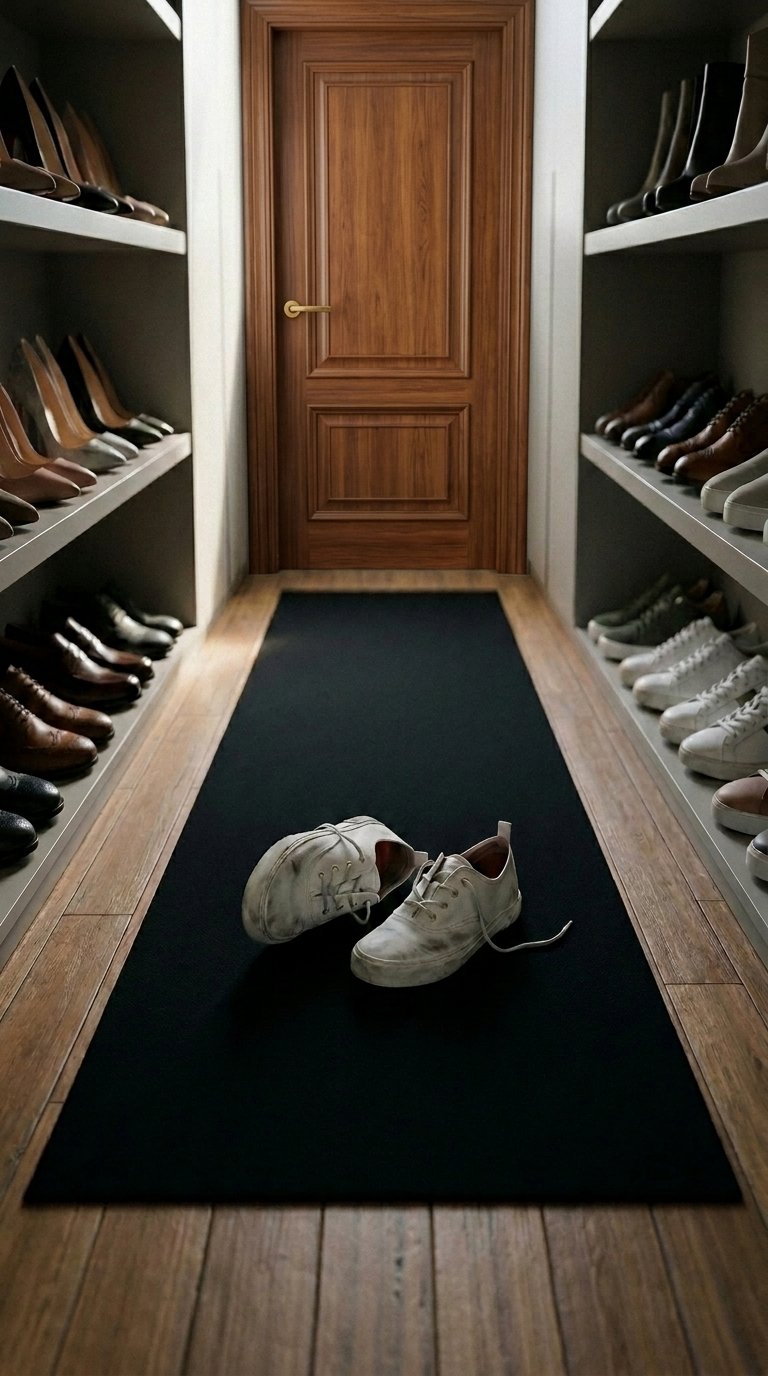 Worn-in white Luigi Sardo low cut sneakers left on a black runner amid racks of pristine designer shoes