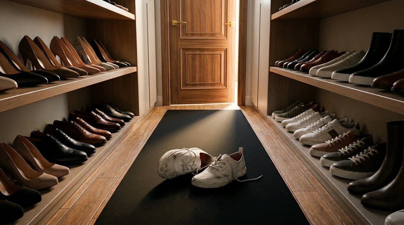 Worn-in white Luigi Sardo low cut sneakers left on a black runner amid racks of pristine designer shoes