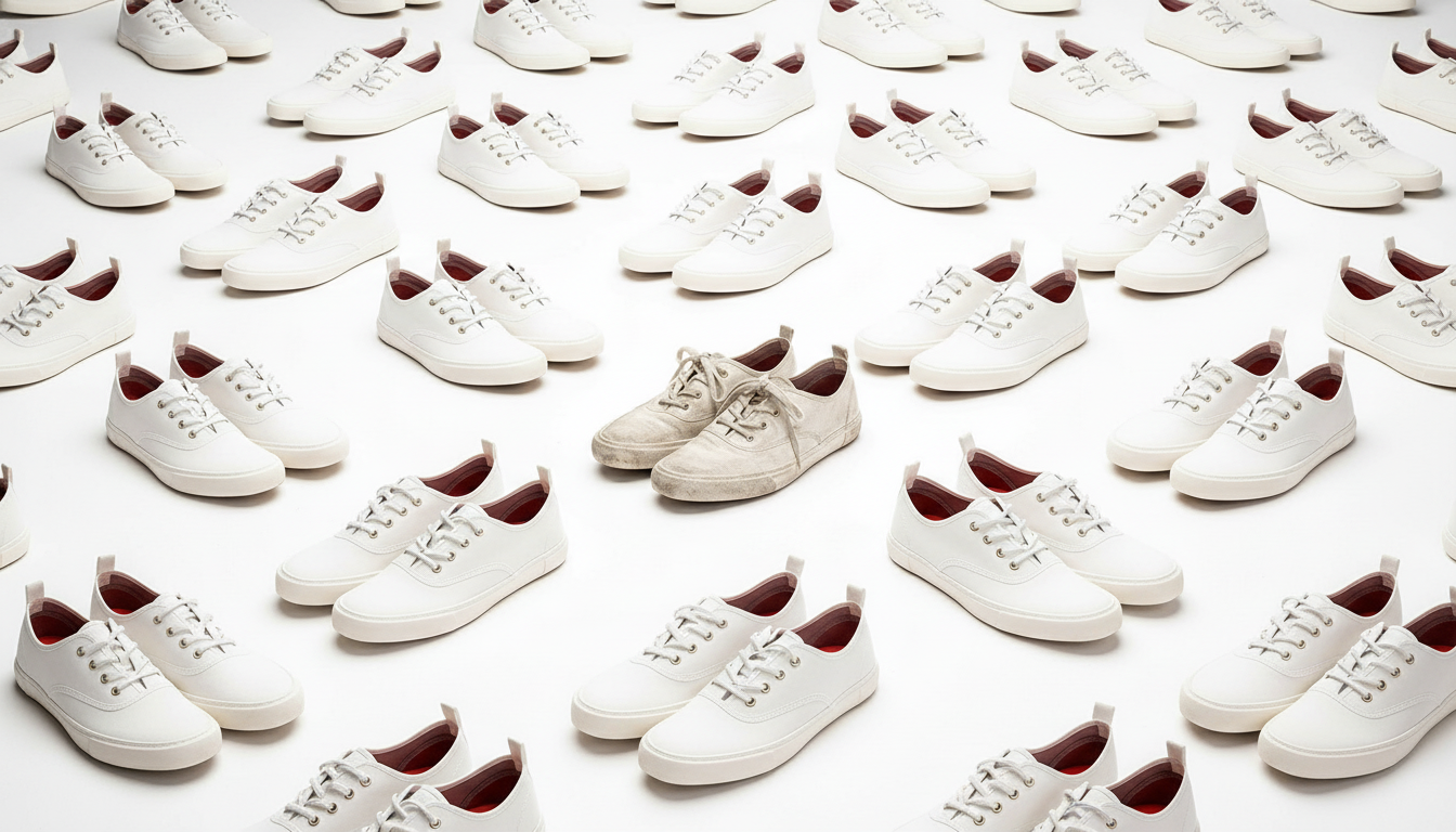 A grid of identical white sneakers all facing the same way, the worn, coffee-stained centre pair standing out among brand-new pairs