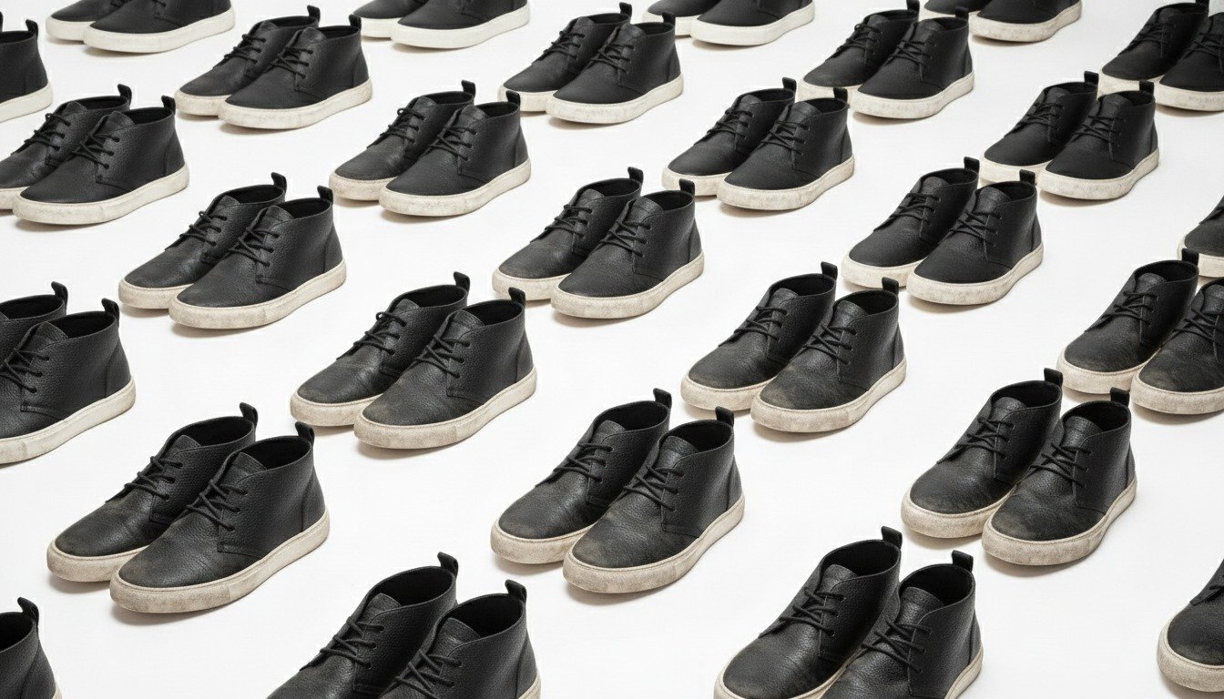 Rows of identical black mid cut sneakers, every pair worn in, all facing the same way