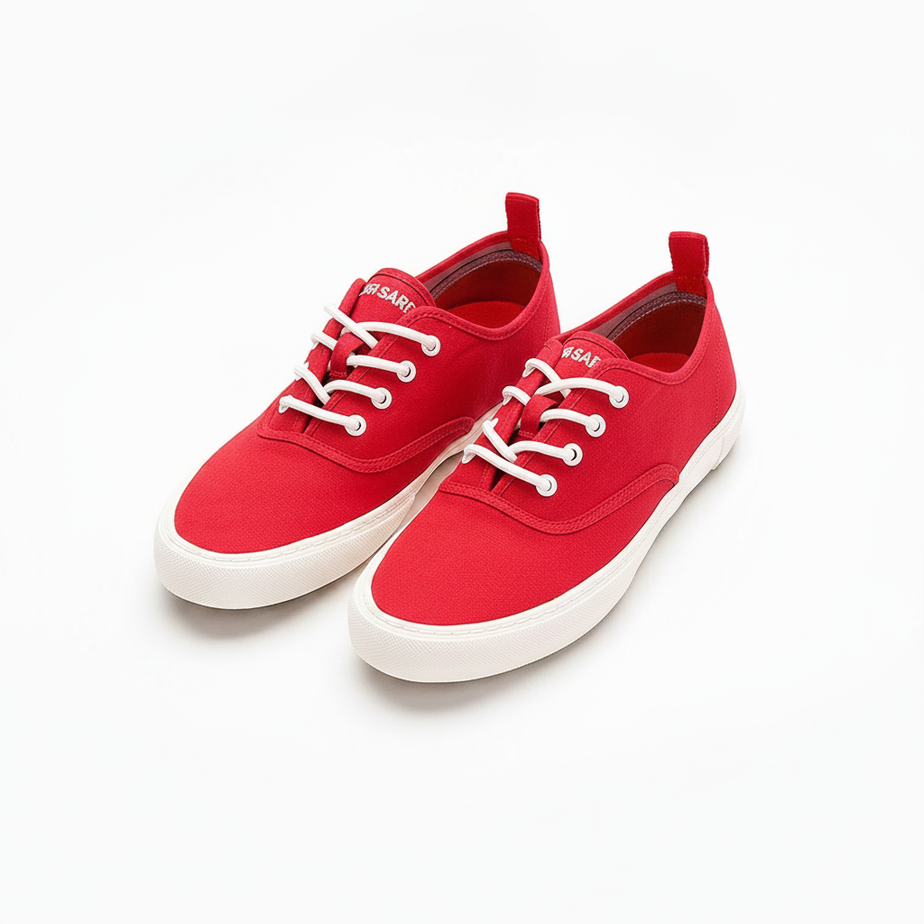 Low cut sneaker in red canvas, studio flat lay