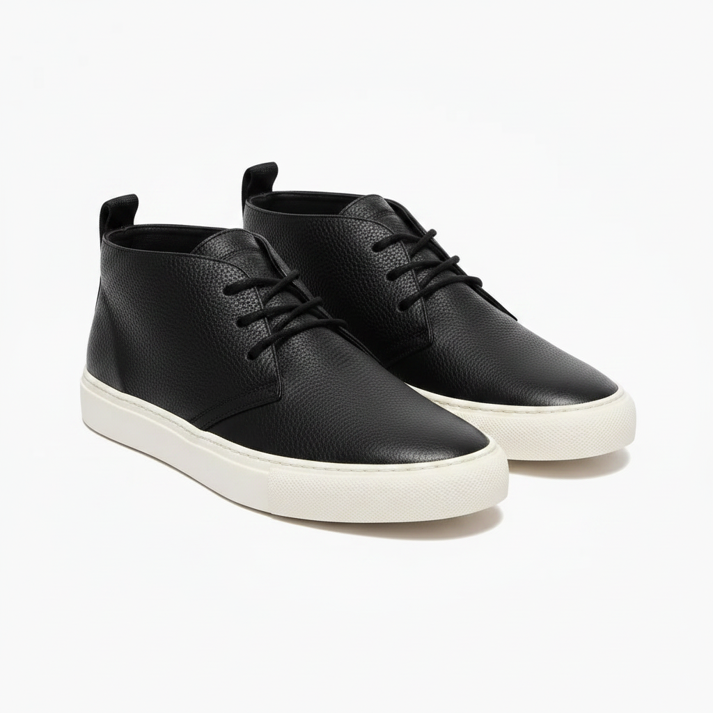 Mid cut sneaker in black poly leather, studio product shot